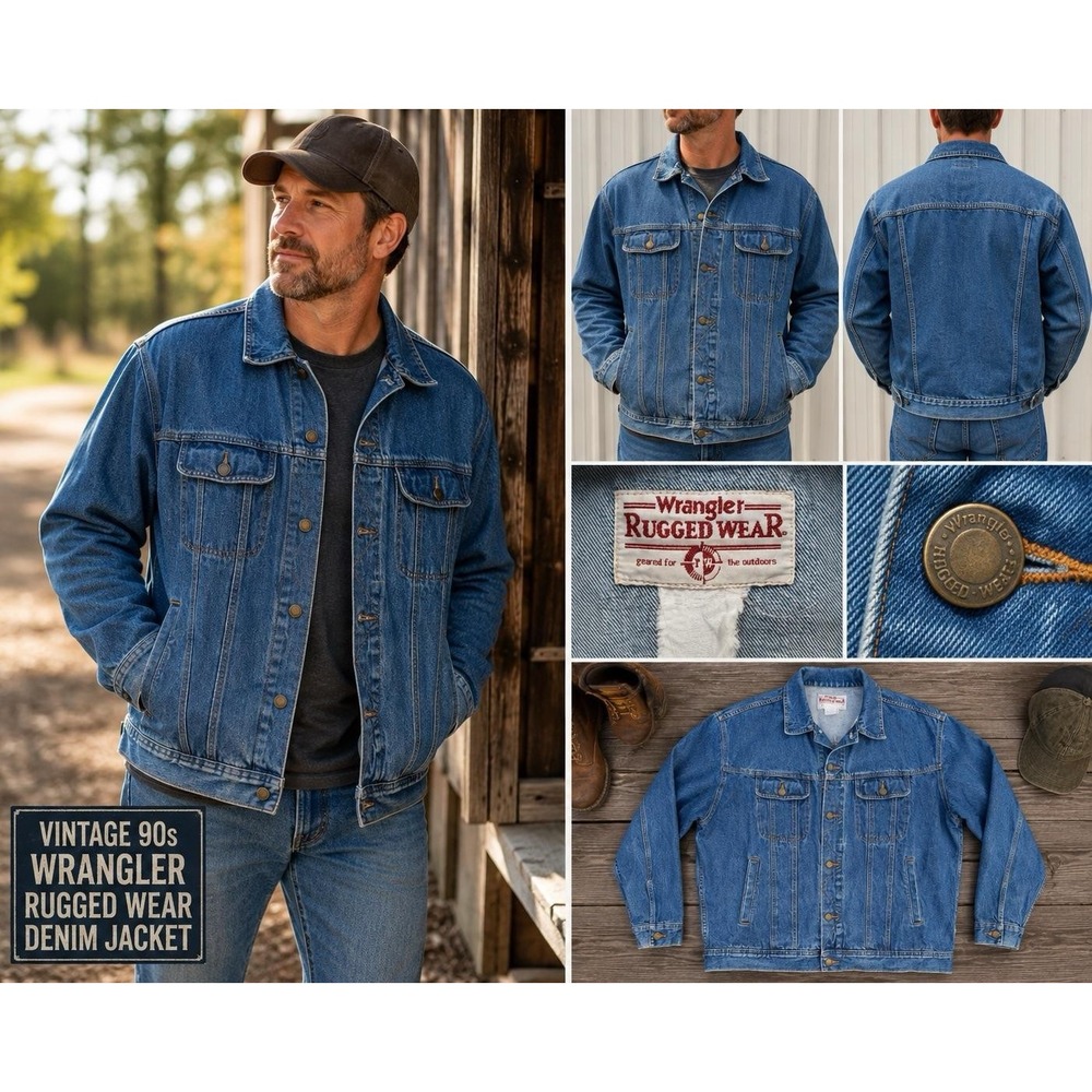 Vintage 90s Wrangler Rugged Wear Denim Jacket Mens Blue Trucker Workwear USA L